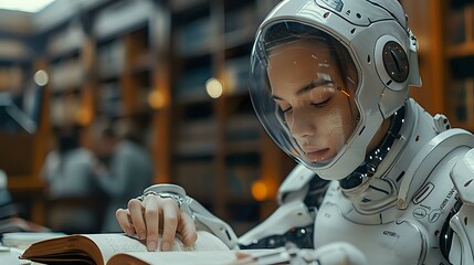 Luxury Metal Cyborg in Money-themed Library