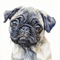 Watercolor painting of a sweet Pug puppy with big expressive eyes and a wrinkled brow, on isolated white background, Generative AI
