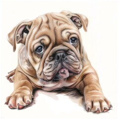 Watercolor painting of an adorable English Bulldog puppy with wrinkled skin and a squishy face, on isolated white background, Generative AI