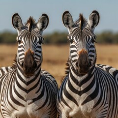 Naklejka premium zebras in zoo stand together and take photo 