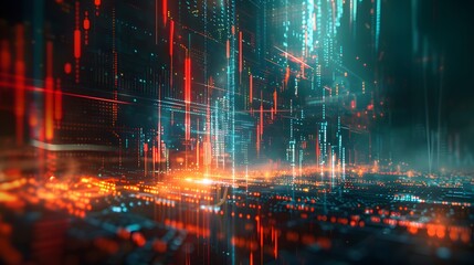 Fototapeta premium Abstract digital stock chart with falling lines, illustrating a market crash and economic downturn, with surreal elements and a sense of digital disintegration