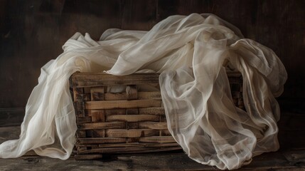 A wooden basket adorned with delicate muslin cloth drapes