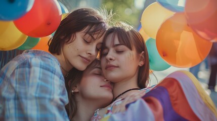 Obraz premium Cheerful LGBTQ+ couple enjoying their anniversary with pride month decorations and soft pastel tones