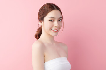 Beautiful young asian woman with clean fresh skin on pink background, Face care, Facial treatment, Cosmetology, beauty and spa, Asian women portrait.