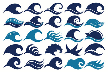 Set of Ocean and sea waves Silhouette Design with white Background and Vector Illustration on white background