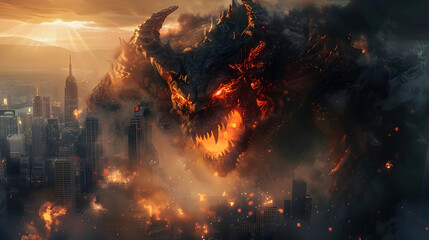 Colossal Monstrous Demonic Entity Decimating Urban Cityscape in Fiery Apocalyptic Chaos