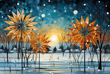 Tranquil Winter Night with Dual Moons and Flower-Like Trees