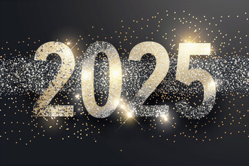année 2025, chiffres dorés étincelants dans des paillettes argentées ou confettis brillants argentés sur un fond noir mat. Carte de vœux, invitation, fêtes de fin d'année, 