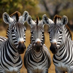 Fototapeta premium zebras in zoo stand together and take photo 