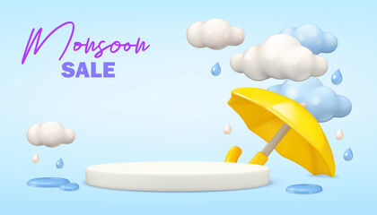 Monsoon sale podium template. Vector 3d mockup background, rainy autumn illustration. Yellow umbrella, clouds and drops with puddles. Cute cartoon template design