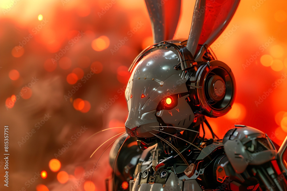 Sticker Cutting-Edge Cyborg Rabbit Warrior in Swirling Smoke Vortex with Sleek Chrome and Titanium Alloy Exoskeleton,Cinematic Close-Up in 3D CGI