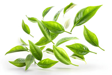 Obraz premium Fresh green tea leave falling on white background