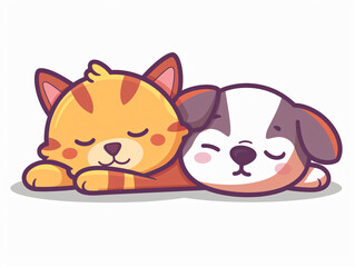Obraz premium Orange Cat and White Spotted Dog Snuggled Together. This charming duo of an orange-striped cat and a white, brown-spotted dog lies peacefully side by side, creating a cozy and serene picture