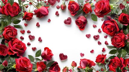 White background adorned with red roses and heart shaped ornaments