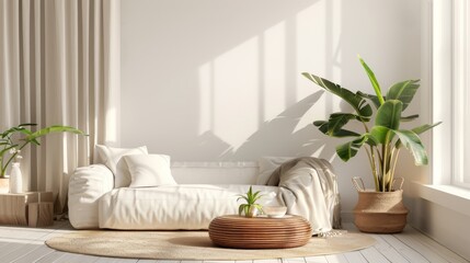 Naklejka premium Great as Interior Furniture Design Inspiration Minimal Modern Elegant Neutral Cozy White Scandinavian Living Room with Sofa and Plants Soft Earthy Colors