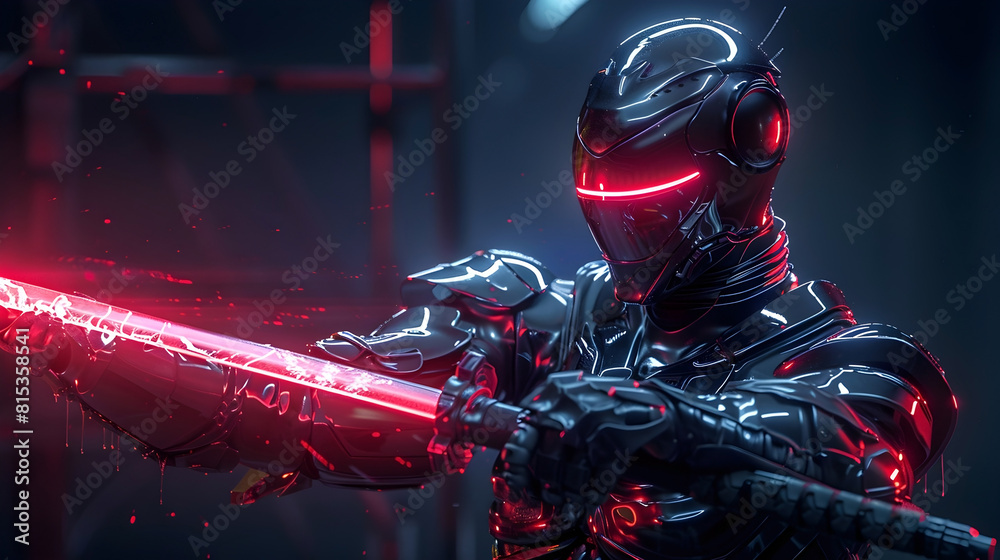 Wall mural Cyborg Ninja Warrior Wielding Plasma Sword in Dramatic Cinematic Lighting and Perspective