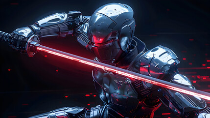 Fototapeta premium Cyborg Ninja Warrior Wielding Advanced Plasma Sword in Dramatic Cinematic Lighting and Perspective