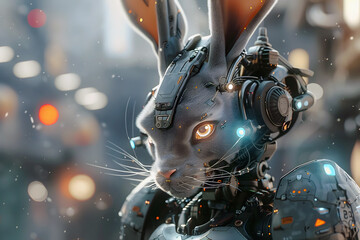 Cyborg Rabbit Warrior Wielding Glowing Energy Sword in Solarpunk-Inspired Surreal Atmosphere