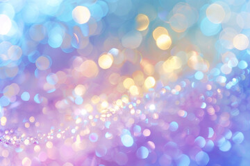 Abstract banner with blurred bokeh effect. They come in a rainbow of pastel purples, blues, golden yellows, silvery whites, and light pinks. The bokeh effect is blended smoothly