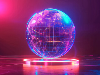 Glowing Orb of Lines and Dots in a Violet and Blue Stage. Tech-savvy Backdrop for a Digital Era. Spherical Structure Illuminates Surrounding Area with Radiant Halo, Embracing a Futuristic Atmosphere