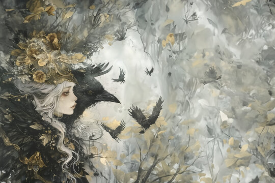 chamanisme, femme oiseau, portrait d'une femme blonde portant une tenue de chaman avec un bec sur la t&ecirc;te devant une t&ecirc;te de merle sur un fond avec espace n&eacute;gatif copyspace, textur&eacute; gris avec oiseaux