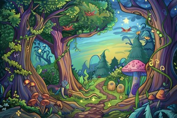 Cartoon cute doodles of an enchanted forest alive with magical creatures, hidden pathways, and ancient trees towering into the sky, Generative AI