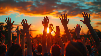 Hands to heaven, group of people with their hands up looking at the sunset,generative ai