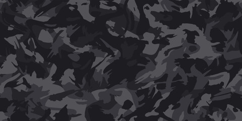 Grunge urban camouflage, black fashion design. Dirty brush stroke hand draw camo, military pattern. Army uniform, fashionable fabric print. Vector seamless monochrome texture