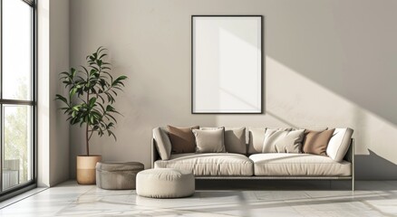 Mockup empty, blank poster frame, the frame has an aspect ratio of 3:4. frame hanging on a wall, with windows, some furniture, sofa, table, light