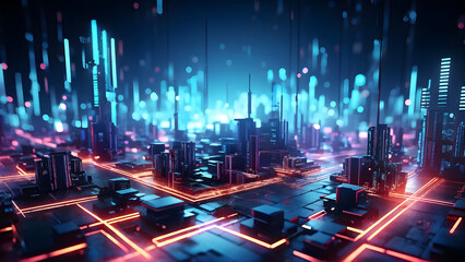 Obraz premium a dark illustration of a technical system with colorful lines connecting different flow states