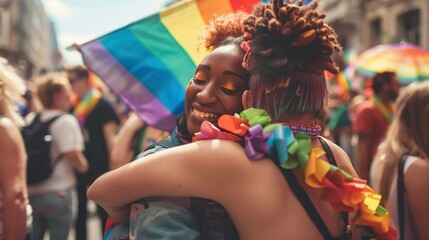 Cheerful LGBTQ+ couple enjoying their anniversary with pride month decorations and soft pastel tones,Celebrating at a Pride Parade with Rainbow Flags and Colorful Costumes