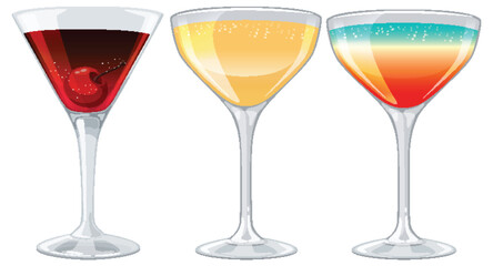 Three stylish cocktail glasses with vibrant drinks