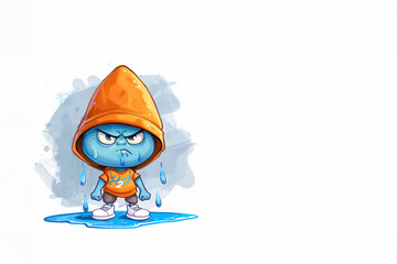 goutte d'eau (personnage cartoon) avec une tenue sportswear et un sweat avec l'inscription H2O, élément chimique de l'eau. Le personnage est méchant pour symboliser une fuite d'eau plombier, recherche