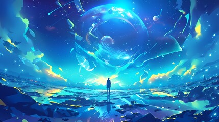 Digital technology universe planet character scene poster background