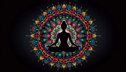 A silhouette of a person in the lotus position, meditating over a colorful, ornate mandala
