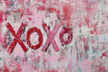 texte "XOXO" en rouge et rose sur une peinture murale texturée. Texte en anglais correspondant à Bisous, bisous pour les francophones pour la Saint Valentin pour déclaration d'amour. 
