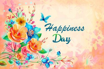 20 mars, journée internationale du bonheur. Texte en anglais "Happiness day", avec un motif floral coloré un fond orangé style aquarelle, avec un papillon