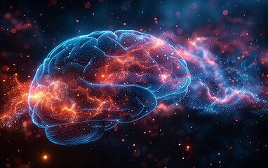 Digital brain with glowing connections, deep indigo hue, close up on neural pathways, vibrant colors, Double exposure silhouette with a cosmic nebula