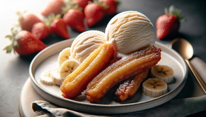 Fototapeta premium fried bananas and ice cream