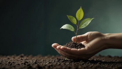 Human hands holding a green sprout with sunlight in the natural background. Earth day concept
