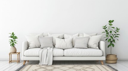 Naklejka premium Great as Interior Furniture Design Inspiration Minimal Modern Elegant Neutral Cozy White Scandinavian Living Room with Sofa and Plants Soft Earthy Colors
