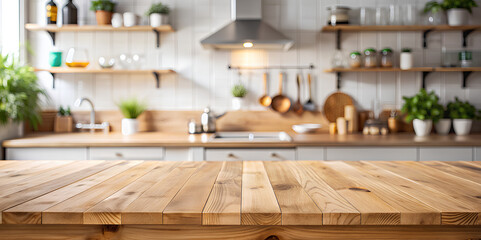 Wood table top on blurred kitchen background