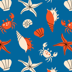 Summer trendy seamless pattern with sea animals. Marine ornament for textile, wrapping paper, notebook design or wallpaper. Vector illustration isolated on a color background.