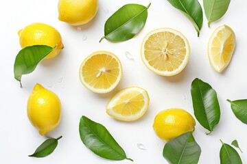 Whole and half sliced lemon with green leaves isolated on white background. Top view. Flat lay