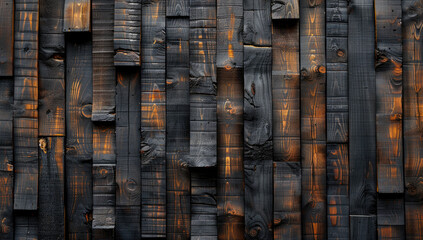 A seamless pattern of burnt wood slats, their charred edges glowing with an eerie black light. Created with Ai