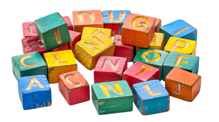 vibrant color wooden alphabet blocks isolated on transparent background