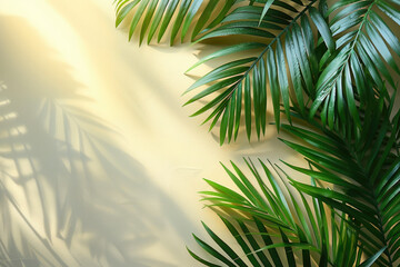 A lush green palm plant with vibrant leaves, bathed in sunlight against an aged stone wall background. Created with Ai