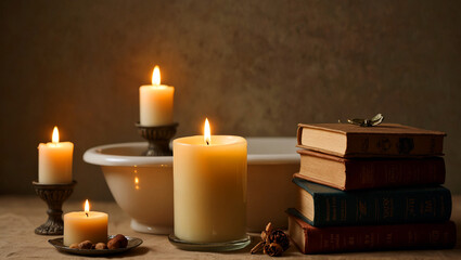 candles on the table with old books