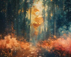 Enchanting Autumnal Forest Landscape with Surreal Textures and Dreamlike Elements