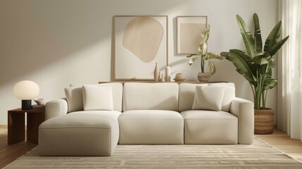 Obraz premium Great as Interior Furniture Design Inspiration Minimal Modern Elegant Neutral Cozy White Scandinavian Living Room with Sofa and Plants Soft Earthy Colors